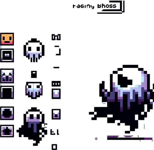 make a floating ghost 8bit boss for a game facing south.
Single Game Texture. In-Game asset. 2d. Blank background. High contrast. No shadows.