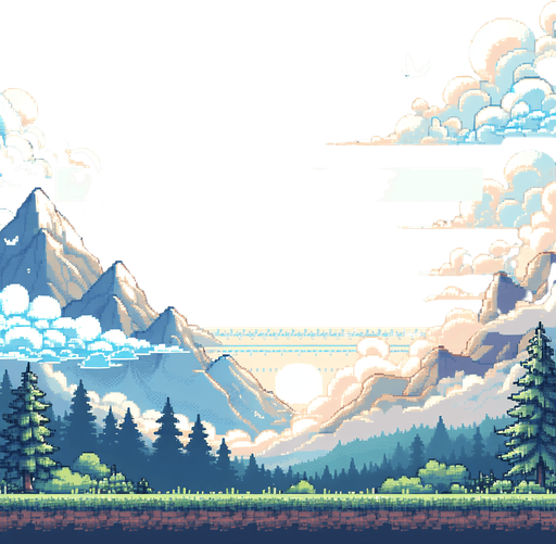 a pixel clouds background, with mountains, full height full width
Single Game Texture.  In-Game asset.  2d.  Blank background.  High contrast.  No shadows