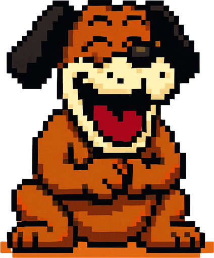 pixart brown hunting dog with black ears and white mouth laughing.
In-Game asset.  2d.  High contrast.  No shadows