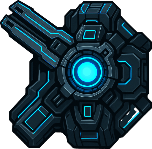 top-down view, futuristic digital defense turret, heavy energy core, metallic cyberpunk style, blue glowing lines, anti-virus cannon.
In-Game asset.  2d.  High contrast.  No shadows