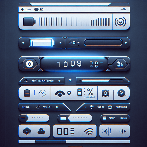 A 2D top UI bar for a mobile phone interface, designed with a futuristic aesthetic. The bar is flat and minimalistic, stretching horizontally across the top of the screen. On the right side, a simple battery icon is displayed, filled to indicate the charge level. The rest of the bar features small, clean icons for signal strength, Wi-Fi, and notifications, along with a digital clock in a modern, futuristic font. The design is clean and functional, with subtle accents like soft blue highlights to give it a slightly futuristic feel while keeping it simple and UI-focused..
Single Game Texture. In-Game asset. 2d. Blank background. High contrast. No shadows.