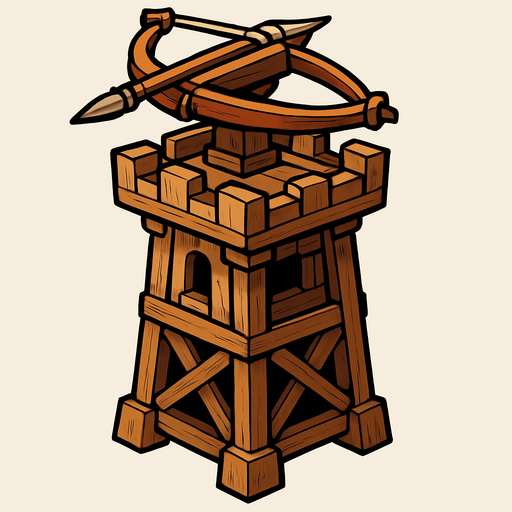 ahşap hava savunma kulesi, üstünde arbalet olsun.
In-Game asset.  2d.  High contrast.  No shadows