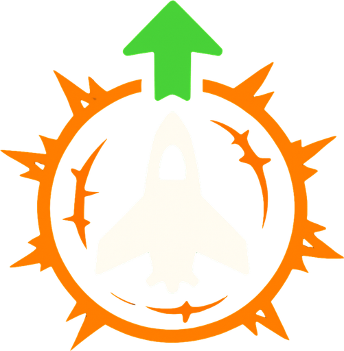 Symbol for space ship upgrade nova force field around it, with an white spaceship and orange electric circle surrounding it and an green arrow pointing up.
In-Game asset.  2d.  High contrast.  No shadows