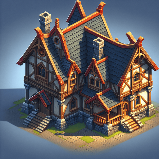 a house in a warcraft 2 style Single Game Texture. In-Game asset. 2d. Blank background. High contrast. No shadows.