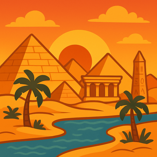 A desert cartoon-style background with pyramids, palm trees, and the Nile river. Add warm sunset tones and Egyptian architectural elements. Great for an Oud-based level..
In-Game asset.  2d.  High contrast.  No shadows