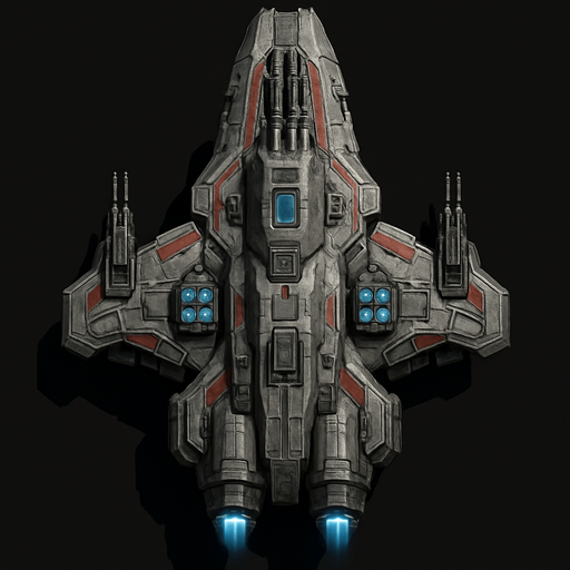 Uzay temalı Savaş Gemisi, gerçekçi, yazısız üstten görünüm. 
In-Game asset.  High contrast.  No shadows