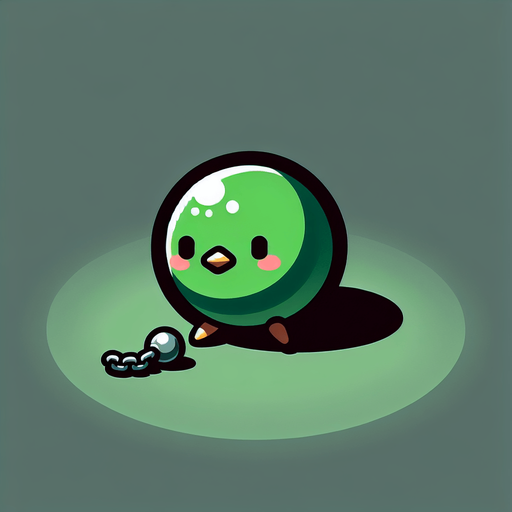 A sad little green bird sitting in ball chain..
Single Game Texture. In-Game asset. 2d. Blank background. High contrast. No shadows.