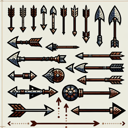 A spritesheet showing a number of different medieval or viking age arrows.
Single Game Texture. In-Game asset. 2d. Blank background. High contrast. No shadows.