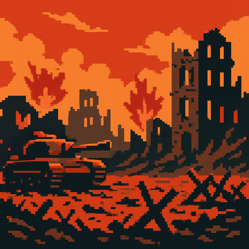 a pixel war background.
In-Game asset.  2d.  High contrast.  No shadows