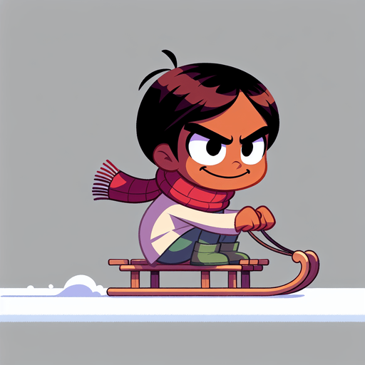 Little brat on a sledge, girl, cartoon, winter, sideview, evil Single Game Texture. In-Game asset. 2d. Blank background. High contrast. No shadows.