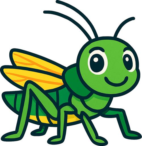 yeşil ve sarı renkli sevimli çekirge.
In-Game asset.  2d.  High contrast.  No shadows