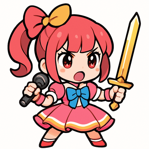 Esta chica tiene un diseño de estilo chibi anime, lo que le da un aspecto adorable y expresivo. Aquí va una descripción detallada:

🔸 Apariencia general:
Es una niña pequeña de proporciones caricaturescas, con cabeza grande y cuerpo diminuto, típica del estilo chibi.

🔸 Cabello:
Cabello rojo/rosado recogido en una coleta con una gran moña amarilla. Flequillo recto y mechones a los lados de la cara.

🔸 Ropa:
Viste un traje colorido similar al de una idol japonesa:

Vestido rosa con detalles blancos y azules

Moño azul en el pecho

Falda con vuelo, adornada con líneas blancas y amarillas

🔸 Accesorios:

Lleva un micrófono en una mano, lo que sugiere que es una cantante o idol.

En la otra mano, sostiene una espada dorada brillante, lo cual le da un toque de guerrera mágica o heroína valiente.

🔸 Expresión:
Tiene una expresión decidida y enérgica, como si estuviera lista para una batalla o a punto de dar un discurso heroico..
In-Game asset.  2d.  High contrast.  No shadows
