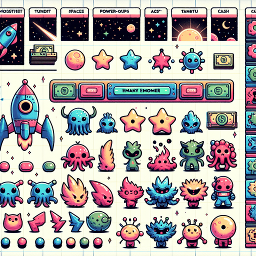 Spritesheet. Spaceships, spacemonsters, cash, powerups. Studio Ghibli. Ghibli style. Mobile game. Colorful. hand drawn. cute. fun. In-Game asset. 2d. Blank background. High contrast. No shadows..