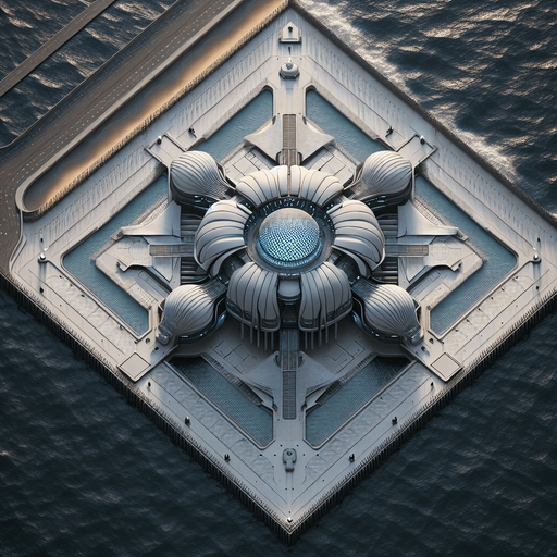 Zenith view of Dune's Wind Trap power facility square fence.
Ressembles a bit to Sydney's Opera. Zenith view Directly from above.