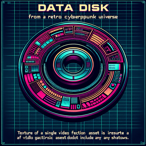 retro cyberpunk datadisk in neon colors.
Single Game Texture. In-Game asset. 2d. Blank background. High contrast. No shadows.