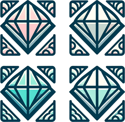 4 разных бриллианта с видом спереди, Обведенный, постэльные цвета.
Single Game Texture.  In-Game asset.  2d.  Blank background.  High contrast.  No shadows