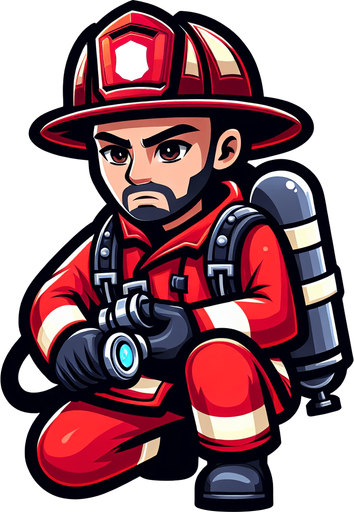 A cartoon firefighter.
Single Game Texture.  In-Game asset.  2d.  High contrast.  No shadows