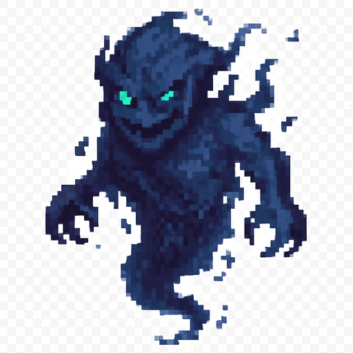 Create a pixel-art ghostly character based on the Turkish folklore concept of a "cin" (djinn). The character should have a semi-transparent, smoky body with ethereal, shifting edges. Its face should be menacing, with glowing green or blue eyes and a faint, wicked smile. Add small, broken chains or mystical symbols faintly visible on its body to suggest it was once sealed. It should be levitating, with ghost-like movement and a cursed aura. The color palette should include shades of dark blue, purple, and gray. 2D horror game style, PNG with transparent background, idle or float animation frame..
In-Game asset.  2d.  High contrast.  No shadows