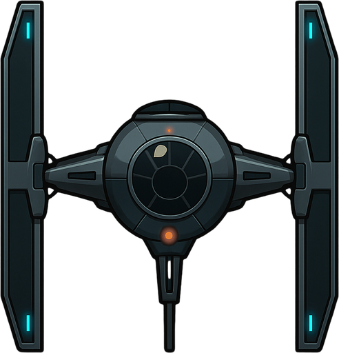 A clean and stylized top-down view of a futuristic sci-fi fighter inspired by classic space opera designs. The ship features a central cockpit sphere with two large vertical wing panels on each side, connected by sleek metallic arms. The design is symmetrical with dark gray and black tones, accented with subtle glowing blue or red highlights. The icon has sharp, simplified details for clarity at small sizes, with a dark background to enhance contrast. Square or circular format, 1024x1024 resolution, high detail, sci-fi concept art style. Original design, copyright-safe, evoking the essence of iconic space fighters..
In-Game asset.  2d.  High contrast.  No shadows