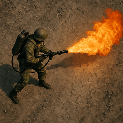 Army soldier with flamethrower, top view from drone
