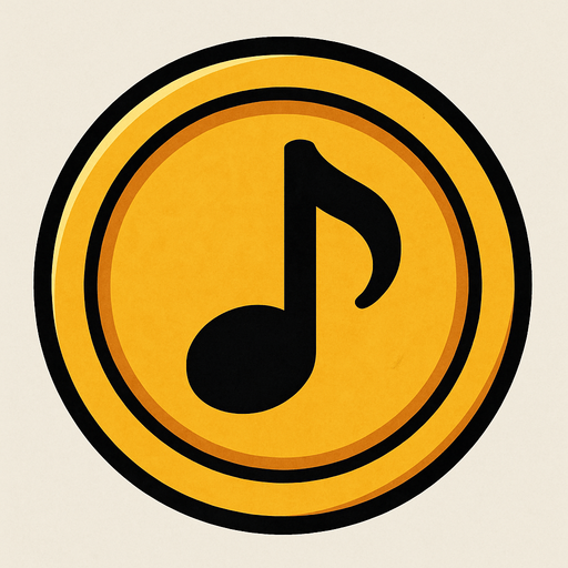 Yuvarlak altın para ortasında 🎶 müzik notası.
In-Game asset.  2d.  High contrast.  No shadows