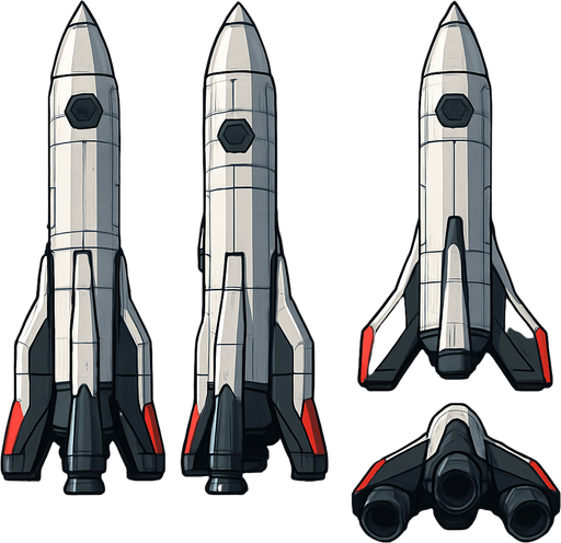 Create si-fi realistic rocket with  3D views. In-Game asset. 2d. High contrast. No shadows. In-Game asset. 2d. High contrast. No shadows.
In-Game asset.  2d.  High contrast.  No shadows
