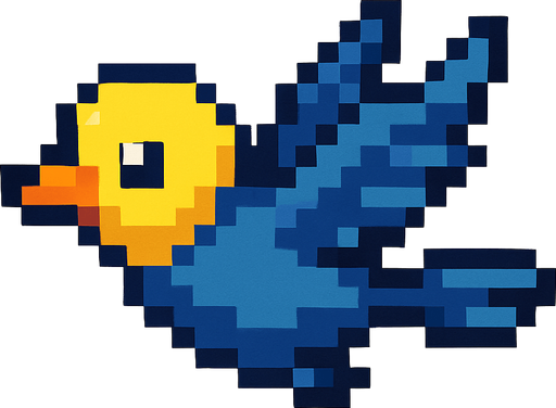 pxel art sarı kafalı mavi uçar pozisyonda bir kuş.
Single Game Texture. In-Game asset. 2d. Blank background. High contrast. No shadows.