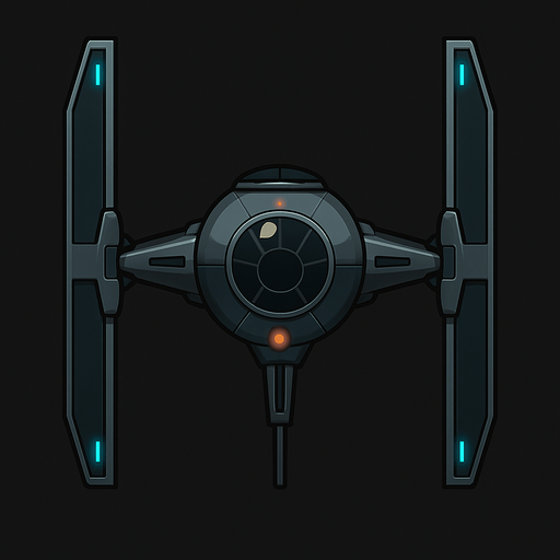 A clean and stylized top-down view of a futuristic sci-fi fighter inspired by classic space opera designs. The ship features a central cockpit sphere with two large vertical wing panels on each side, connected by sleek metallic arms. The design is symmetrical with dark gray and black tones, accented with subtle glowing blue or red highlights. The icon has sharp, simplified details for clarity at small sizes, with a dark background to enhance contrast. Square or circular format, 1024x1024 resolution, high detail, sci-fi concept art style. Original design, copyright-safe, evoking the essence of iconic space fighters..
In-Game asset.  2d.  High contrast.  No shadows