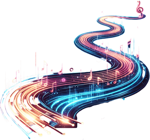 Design: A dynamic, glowing path that scrolls forward.

Style Options:

Cyberpunk neon rails

Floating musical staff lines

A galaxy wave track.
Single Game Texture.  In-Game asset.  2d.  Blank background.  High contrast.  No shadows