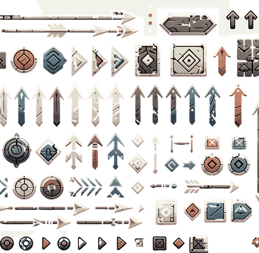 A spritesheet containing various interface elements for a viking themed game, including arrows in various colors pointing up. all in muted colors..
Single Game Texture. In-Game asset. 2d. Blank background. High contrast. No shadows.