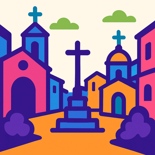 A religious street area.
In-Game asset.  2d.  High contrast.  No shadows