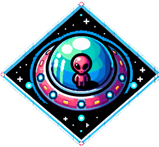 A small curious alien in a ufo..
Single Game Texture. In-Game asset. 2d. Blank background. High contrast. No shadows.