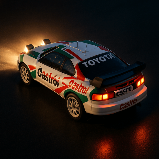 Photorealistic TOTOYA Rallycar in nightlight, drone topview from back and 45 degrees angle in top right corner