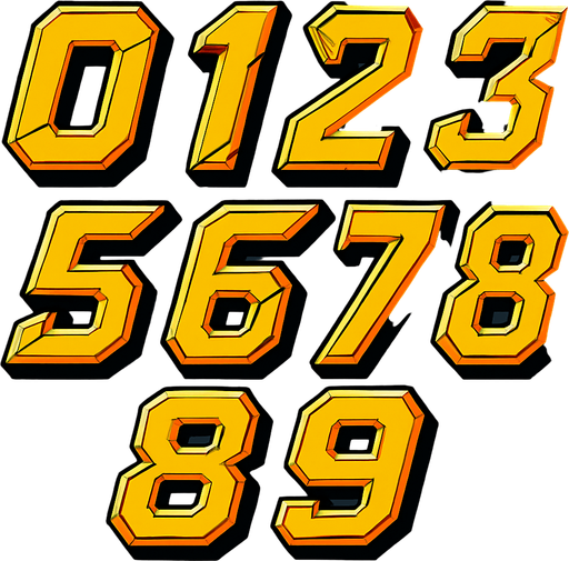 Display icons of Numbers 0 to 9 in SciFi comic style font.
In-Game asset.  2d.  High contrast.  No shadows