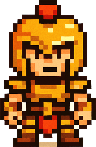 Genera una imagen de un guerrero pixel, sin armas, y que tenga la cabeza un poco más grande que el cuerpo tipo pixel.
In-Game asset.  2d.  High contrast.  No shadows