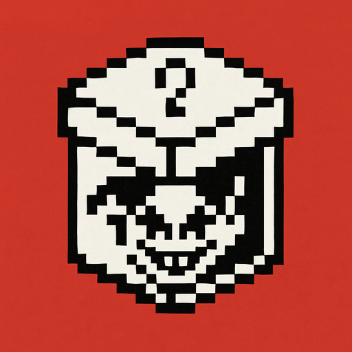 Una caja sorpresa cerrada en blanco y negro pixeleado en 16x16 pixeles, en la caja hay un dibujo de unos ojos y sonrisa de Jevil de deltarune. el fondo de la imagen es de color rojo