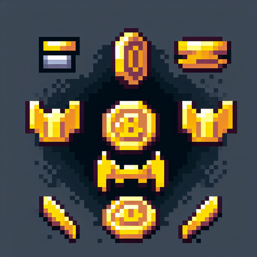 8-bit pixelated spritesheet of an isometric golden bat coin seen in multiple poses of spinning around it's y axis. the elements need to be orderly arranged for easy cropping.
Single Game Texture. In-Game asset. 2d. Blank background. High contrast. No shadows.