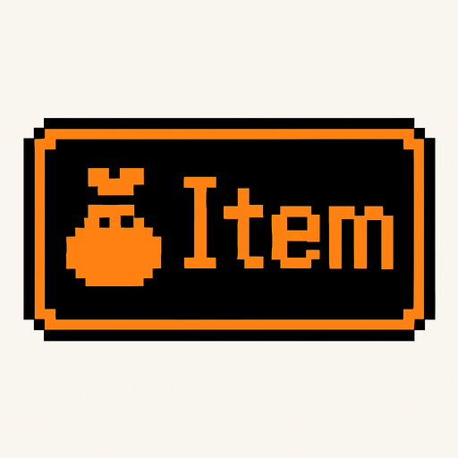 Black button with an orange outline that says "Item" and has a Bag icon, pixel art.
In-Game asset.  2d.  High contrast.  No shadows