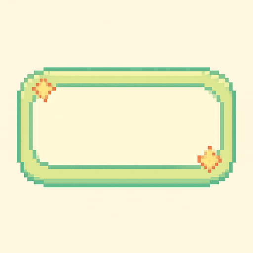 A horizontally-oriented pixel art score frame designed for a cute 2D retro game.
The frame is meant to be placed at the top center of the screen during gameplay.
It has a soft pastel green or cream background with a rounded rectangular shape.
The inside of the frame is filled with a solid light color (not transparent), ready for number assets to be placed on top.
The border is subtle and cute, with minimal decorative details like tiny sparkles or stars to match the playful and colorful retro game aesthetic..
In-Game asset.  2d.  High contrast.  No shadows. pixel art. side view. cute. pastel colors. soft edges. retro ui. video game hud. minimal