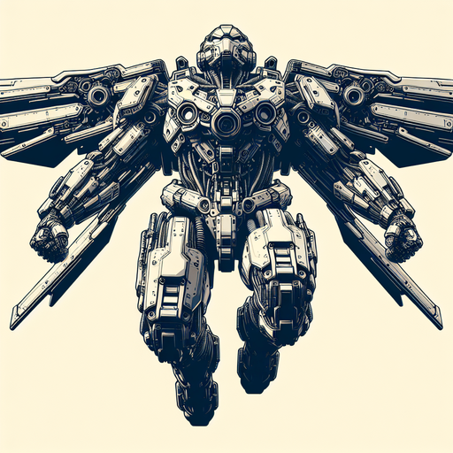 super robot facing upward and his back on screen flying.
Single Game Texture. In-Game asset. 2d. Blank background. High contrast. No shadows.