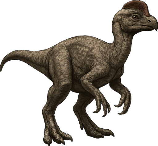 A realistic Oviraptor dinosaur depicted in a neutral pose on a transparent background. It has smooth, mottled gray and brown scaly skin with visible wrinkles and texture. The head is short and rounded with a prominent crest above its eyes and a strong, curved beak. Its limbs are muscular with sharp claws. The tail is medium length and slightly curved. The skin texture shows detailed scales and natural imperfections, emphasizing a lifelike, agile predator..
In-Game asset.  2d.  High contrast.  No shadows