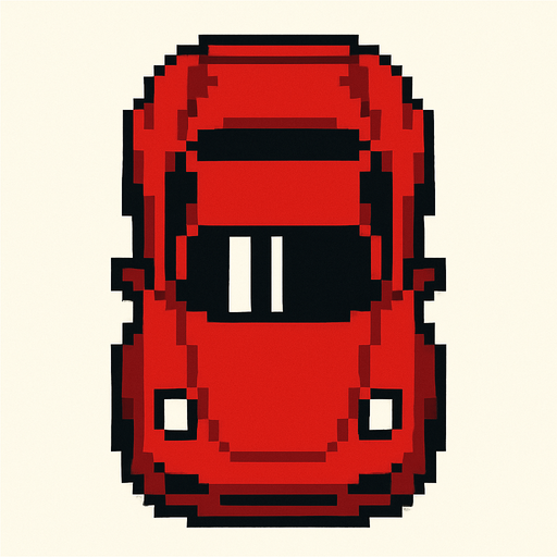 un carro rojo deportivo con la perspectiva hacia arriba.
In-Game asset.  2d.  High contrast.  No shadows hecho con pixeles