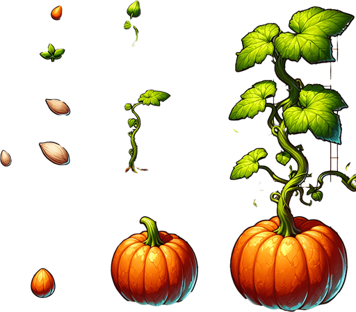 A spritesheet showing a pumpkin plant in various stages of germantion, from seed over sapling and to full grown plant with ripe pumpkin. The sprites should be laid out in a rectangular grid with blank space between them..
Single Game Texture. In-Game asset. 2d. Blank background. High contrast. No shadows.