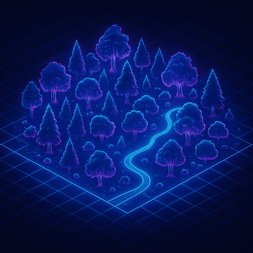 Top down isometric anime cyberpunk forest neon map grid hologram projection