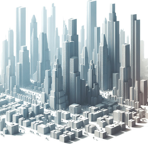 futuristic blocks of  sky scrapers.
Single Game Texture. In-Game asset. 2d. Blank background. High contrast. No shadows.