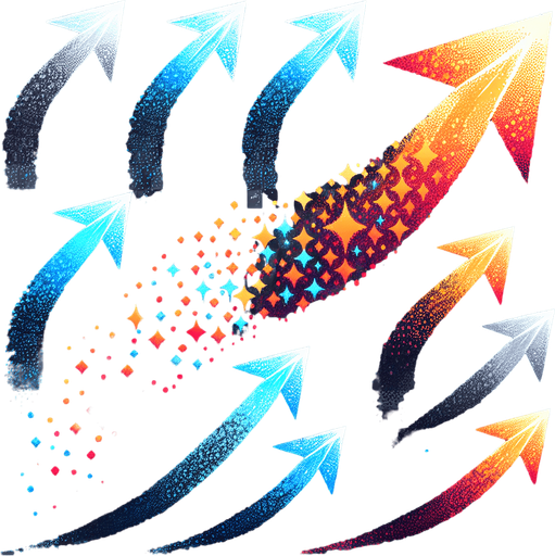 Sprite sheet of particle textures arrows. Bright colors, gradient from blue to orange in direction of arrow. Transparent gray background.