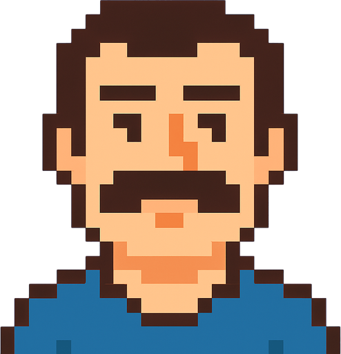 A man with a mustache. In the style of Pixek Art..
In-Game asset.  2d.  High contrast.  No shadows