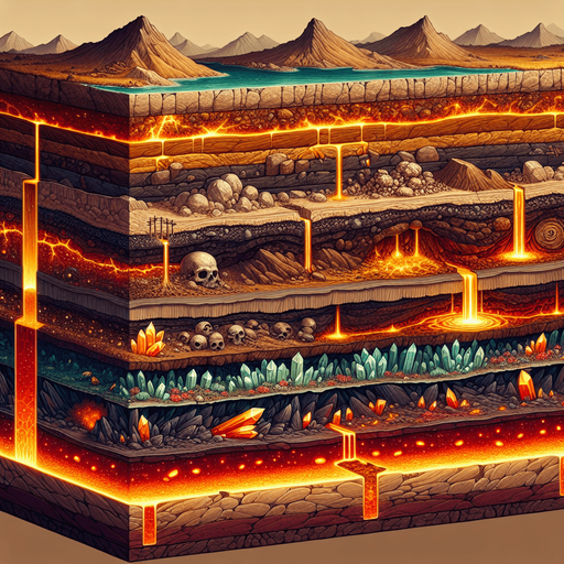 Here is your 2D side-view of the earth’s layers in a side-scrolling game style. It maintains the horizontal strata with distinct layers transitioning from rocky topsoil to deep, glowing lava rock. Fossils, gold veins, and crystal traces add depth and detail.

For the next remix, here are some potential modifications:

Deeper Layer Focus – Shift the scene further down to expose more intense lava activity and larger crystal formations. 🔥
More Fossils & Artifacts – Increase the number of embedded fossils, adding prehistoric bones or ancient relics. 🦴
Volcanic Activity – Introduce subtle magma flows or small pockets of underground lava chambers..
Single Game Texture.  In-Game asset.  2d.  Blank background.  High contrast.  No shadows