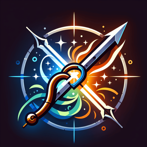 A symbol merging a sword and an arrow/bow, perhaps crossing each other with energy flowing between them..
Single Game Texture.  In-Game asset.  2d.  Blank background.  High contrast.  No shadows