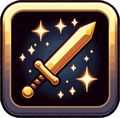 Golden glittery magic sword button..
Single Game Texture. In-Game asset. 2d. Blank background. High contrast. No shadows.